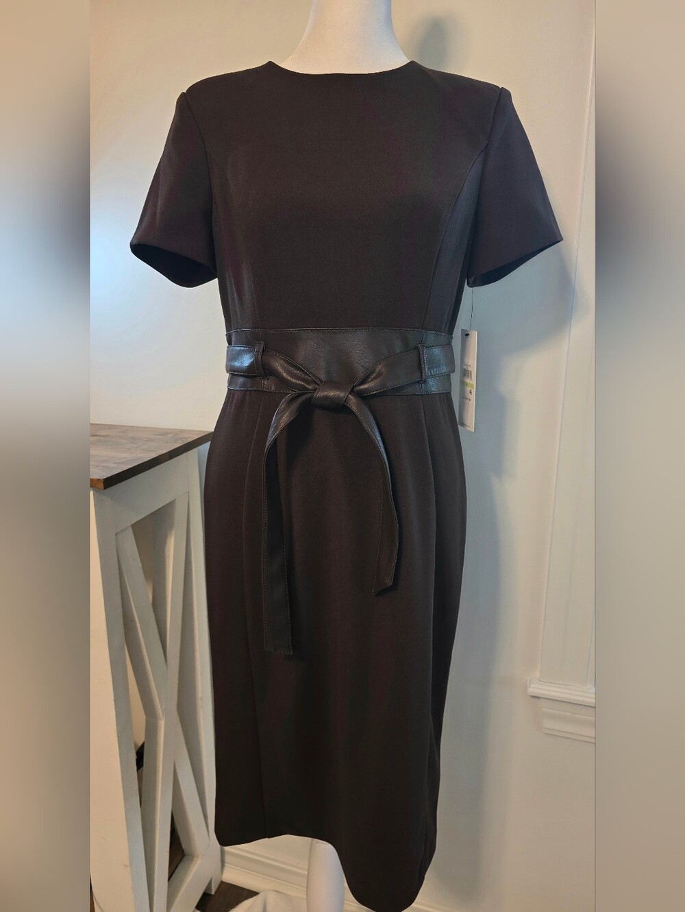 Calvin Klein Classic Brown Short-Sleeve Sheath Dress w/ Waist Tie Women's Size